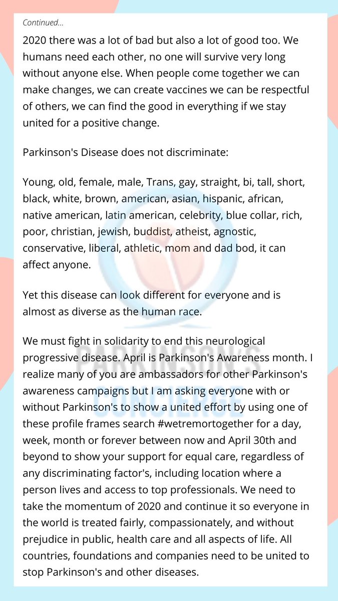 On the Day 3 of our #Parkinsonsdiseaseawarenessweek 
Our Today's blog WE TREMOR TOGETHER is writted by Fred Schwab 
"Please share this post everywhere possible, use the frames, more awareness means more knowledge! We all know knowledge is power 💪✊🙌✌️🧡💙" - Fred Schwab