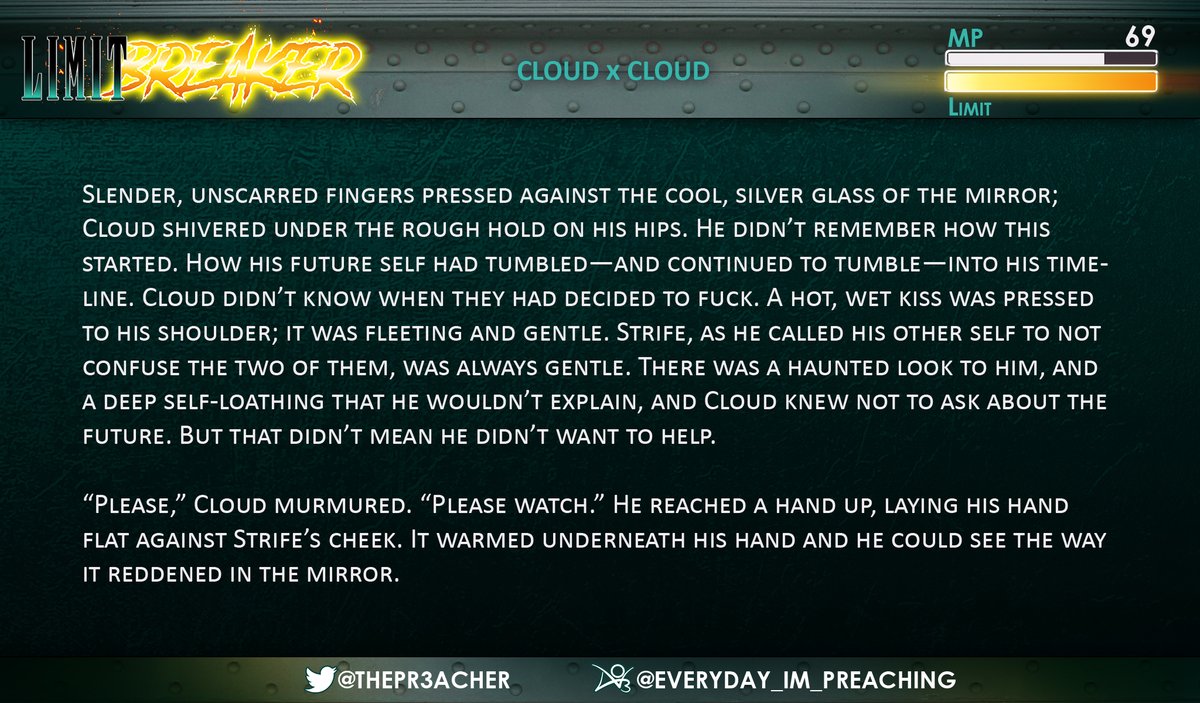 ⚔️🐥We love cloud🐥⚔️

Everyone loves cloud. That's why we made this zine. So why not let Cloud love Cloud as well... right? Luckily @thepr3acher has got us covered on that front. This is some extra spicy self-love story >:3

limitbreakerzine.bigcartel.com