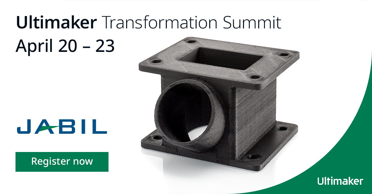 Jabil's tweet photo. Experience the #3DPrinting of tomorrow with today’s technology. Join us at the #UltimakerTransformationSummit to discuss the changing face of 3D printing and the ways in which innovation is already driving transformation. Register here: https://t.co/8Dq93f0vLJ https://t.co/Nh5sd6QMdx