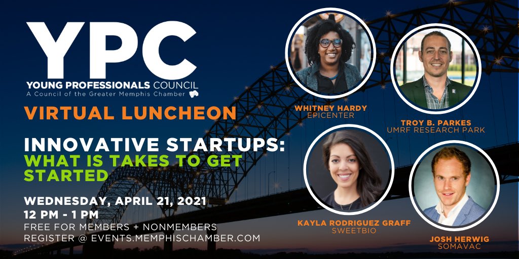UMRF Research Park (@umrfresearch) on Twitter photo <a href="/MemphisChamber/">Greater Memphis Chamber</a> YPC Virtual Luncheon! Wednesday, April 21, 2021 from 12 pm to 1 pm!! #InnovativeStartups
<a href="/sweetbioco/">SweetBio</a> <a href="/SOMAVACMedical/">SOMAVAC Medical</a> <a href="/epimemphis/">Epicenter Memphis</a> <a href="/UMRFResearch/">UMRF Research Park</a>
Here is the registration link: events.memphischamber.com/events/details… <a href="/MemphisChamber/">Greater Memphis Chamber</a> YPC Virtual Luncheon! Wednesday, April 21, 2021 from 12 pm to 1 pm!! #InnovativeStartups
<a href="/sweetbioco/">SweetBio</a> <a href="/SOMAVACMedical/">SOMAVAC Medical</a> <a href="/epimemphis/">Epicenter Memphis</a> <a href="/UMRFResearch/">UMRF Research Park</a>
Here is the registration link: events.memphischamber.com/events/details…