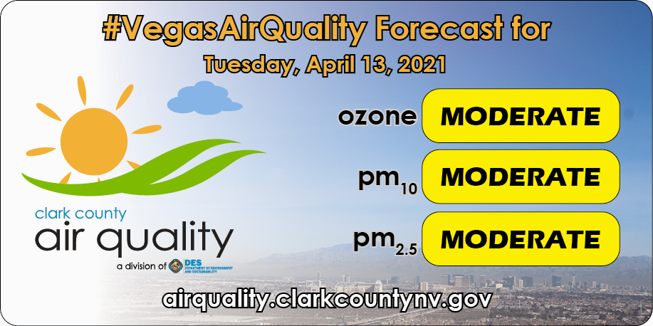 ClarkCountyDES's tweet image. You already know about the #DustAdvisory. #VegasAirQuality today is predictably MODERATE for both ozone and particulate matter. Weather moving through town this afternoon will bring strong southerly winds. Go to our Forecast page for more: bit.ly/2vrSuTv