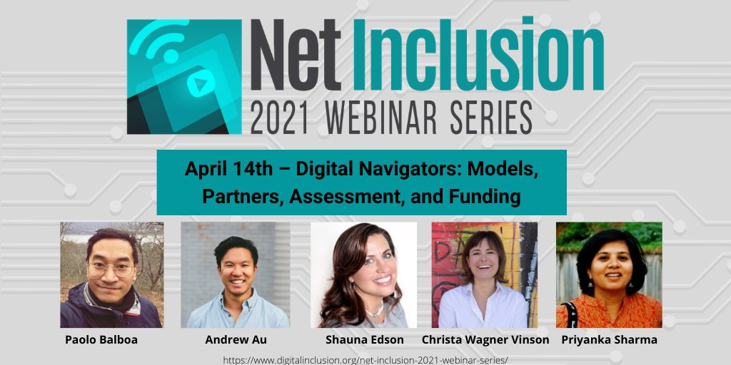 Join us tomorrow at 1 PM ET for the "Digital Navigators: Models, Partners, Assessment, and Funding" Net Inclusion webinar! <a href="/paolobalboa/">paolo balboa</a> <a href="/andrewhau/">Andrew Au</a> <a href="/DescansoStreet/">Shauna McNiven Edson</a> <a href="/PriyankaTweets2/">Priyanka Sharma</a> 

REGISTER HERE: digitalinclusion.org/net-inclusion-…