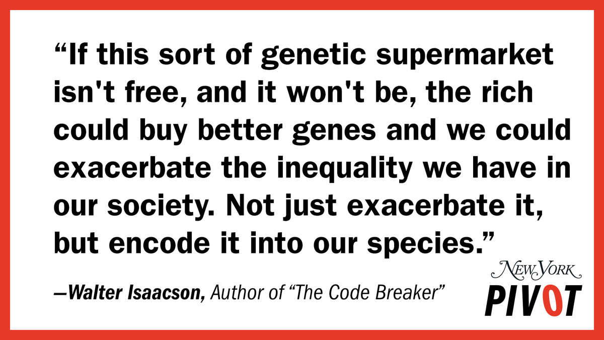 @karaswisher @profgalloway @WalterIsaacson .@WalterIsaacson explains that gene editing technology will help cure many diseases like sickle cell anemia or even cancer. But it also presents several ethical dilemmas.
Listen to the #PivotPodcast: https://t.co/IrshOUc7NP https://t.co/JWqbNnbCqD