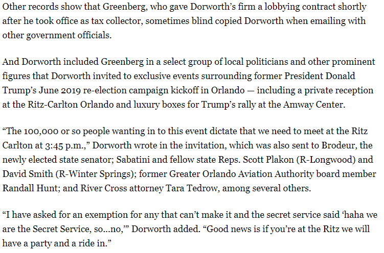 Also, this piece - also reported by gumshoe  @reporterannie - revealed Greenberg often bcc'd his office correspondence to lobbyist Christ Dorworth - who offered VIP access to a Trump event:“They will feed us all booze and give us a ride as well as an escort to our luxury boxes.”