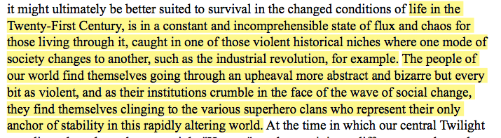 Linking back to his prior notion of superheroes offering a sense of stability, he actually pulls this into the narrative. They have turned to superheroes as their sole form of stability & governance in an ever-changing world. Sounds familiar... 19/?