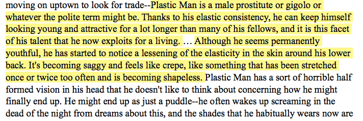 Moore then describes the other players (heroes) in the plot who belong to no House. They reside in a kind of hero slum. His knowledge of the DC universe and its cast is intimidating. My favorites are: Plastic ManCongorillaThe QuestionDeadman/Baron Winter 24/?