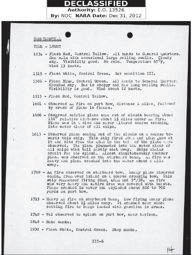 The 10th Army AAR's confirmed the 1949 US Army air defense branch article...so what did war diaries of US Navy ship on 6 April 1945 say?Short form: The higher the rank, the less was said.The USS El Dorado did not admit that a friendly fire incident happened.11/