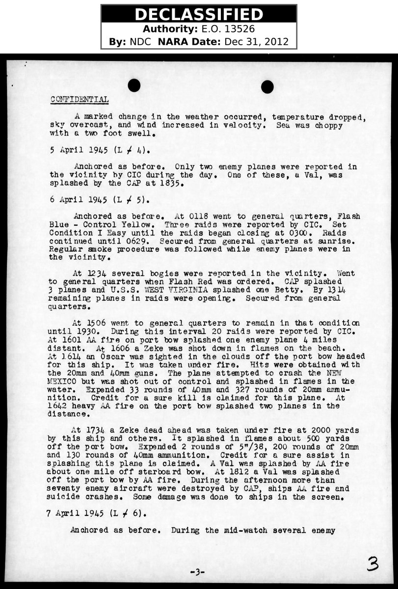The 10th Army AAR's confirmed the 1949 US Army air defense branch article...so what did war diaries of US Navy ship on 6 April 1945 say?Short form: The higher the rank, the less was said.The USS El Dorado did not admit that a friendly fire incident happened.11/