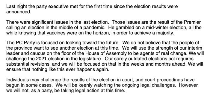 The PC party says in a statement it will not be taking legal action on the election at this time.  #nlpoli