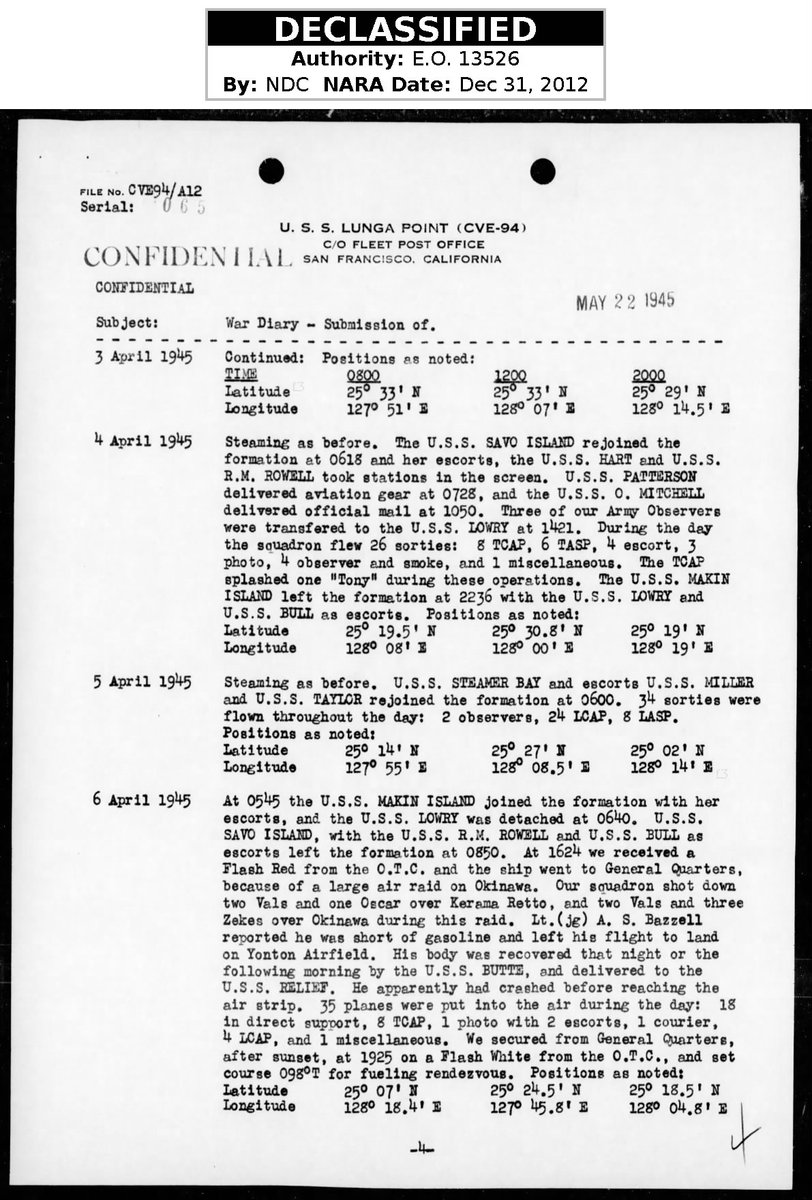 This is the USS Lunga Point's (CVE-94) war diary for 6 Apr 1945.  Bazzell's death is mentioned. And his trying to land at Yontan air field while being low on fuel.Plus his crashing short of the field...just not the cause, friendly fire, or his time of death, 1705.13/