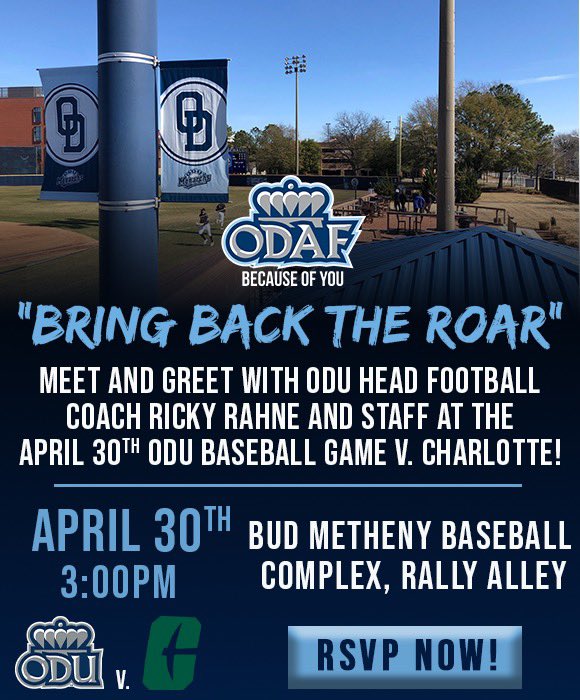 🚨If you have not had the opportunity to meet @ODUFootball Head Coach @RickyRahne, NOW IS YOUR CHANCE‼️🏈

⚾️See @ODUBaseball in action‼️
🎟Free entry‼️

RSVP ➡️ docs.google.com/forms/d/e/1FAI…  

@ODUSports #BringBacktheRoar
