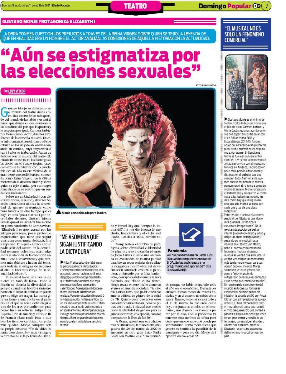 <a href="/monjegus/">Gustavo Monje</a> @DucheZarate Gustavo Monje en Elizabeth I (domingos a las 20.30, teatro Regina) Los prejuicios sexuales de la era Victoriana a la actualidad. Un exponente de la comedia musical y un "animal" de teatro.