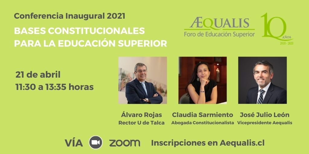 Foro_Aequalis's tweet photo. 📢Iniciaremos nuestras actividades 2021 con una conferencia sobre las Bases Constitucionales para la Educación Superior 

📅 21 de abril, 11:30 a 13:35 horas

🗨️Álvaro Rojas, Rector @UTalca; @claudiapazsr, Abogada Constitucionalista y @jota_leonr, Vicepdte @Foro_Aequalis https://t.co/MQ4Hewc1iW