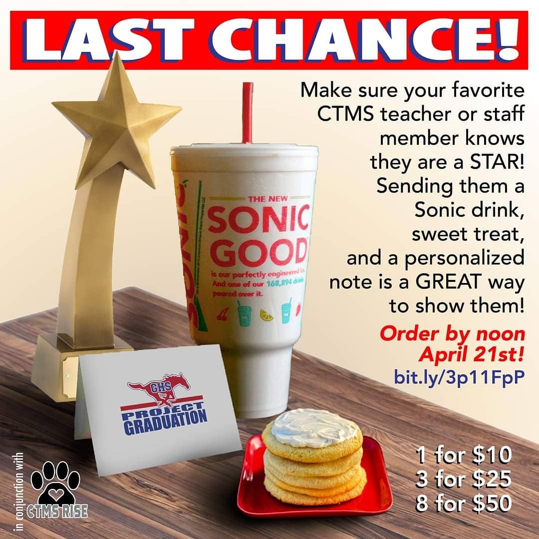 GHSProject_Grad's tweet image. LAST CHANCE ..... To order a Sonic Drink, Sweet Treat &amp;amp; Personalized Note to a GHS or CTMS Staff Member. Orders due by NOON on April 21st
GHS link to order  bit.ly/3jmksrt
CTMS link to order bit.ly/3p11FpP