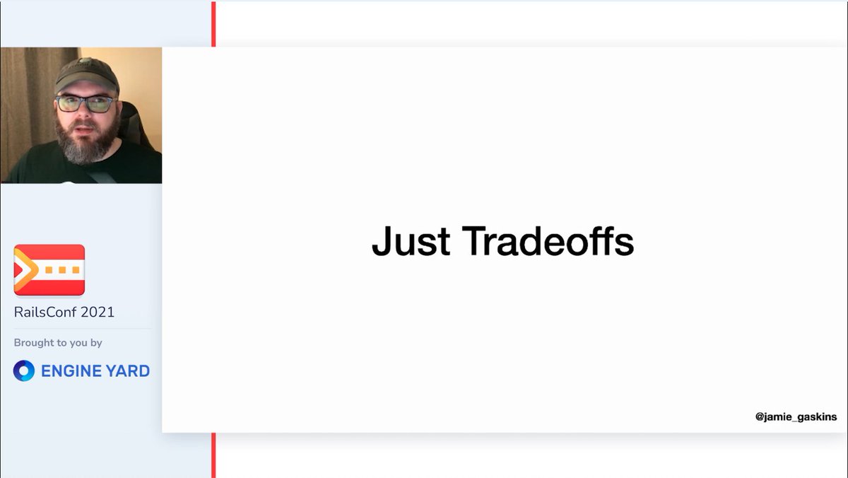 ssuttner's tweet image. When you get a chance, take a look at @jamie_gaskins's talk about Hotwire Demystified. I loved the tradeoffs between Hotwire & SPA! #RailsConf2021 #RailsConf