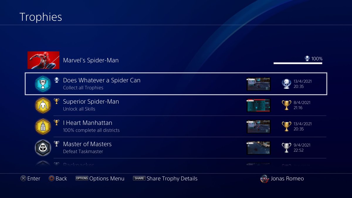 JonasRomeo9438's tweet photo. Took long enough but it was worth it. My first ever platinum trophy #DoesWhateverASpiderCan #PS4Share #PSTrophy https://t.co/vjqt6uZ3n9