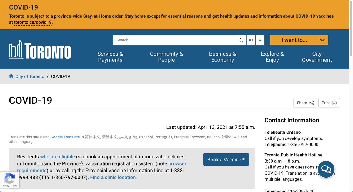 This brings us to the Toronto PHU main COVID page, where we instantly see what we're looking for. A link to Book a Vaccine. Imagine that. Right there, no scrolling. The provincial site could never. 13/21