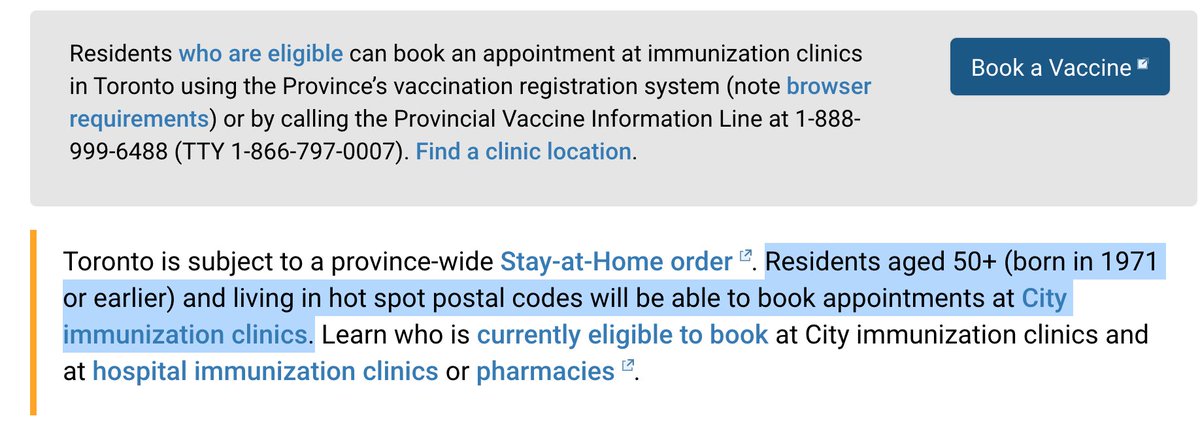 So, we go back and scroll down a tiny bit, where we see it says the same thing as the provincial website - Only those aged 50+ are eligible to book appointments in hotspots. 15/21