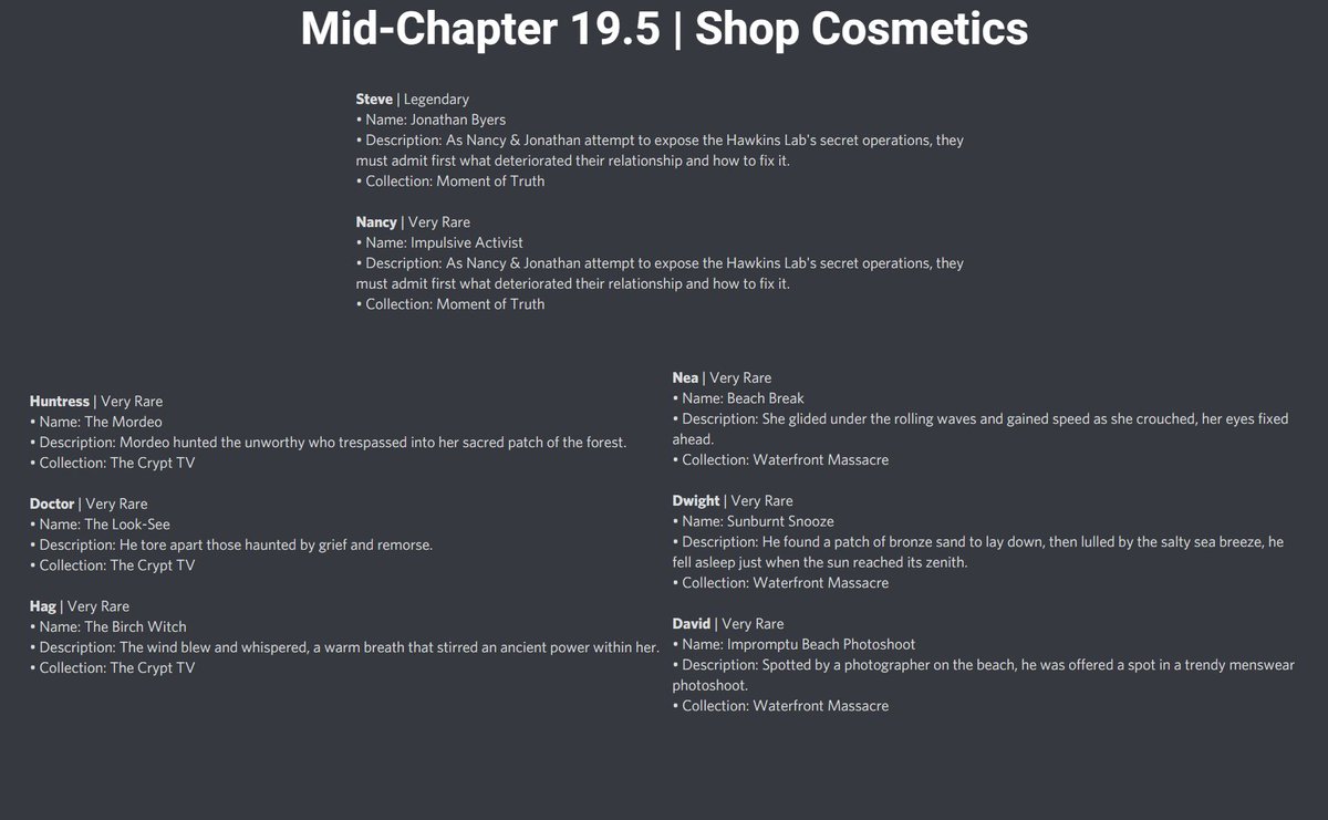 LeaksDbd's tweet image. Mid-Chapter 19.5 | Shop Cosmetics Description

Including Legendary cosmetic for Steve - "Jonathan Byers" and more..

#leaksdbd #dbdleaks #dbd #DeadbyDaylight