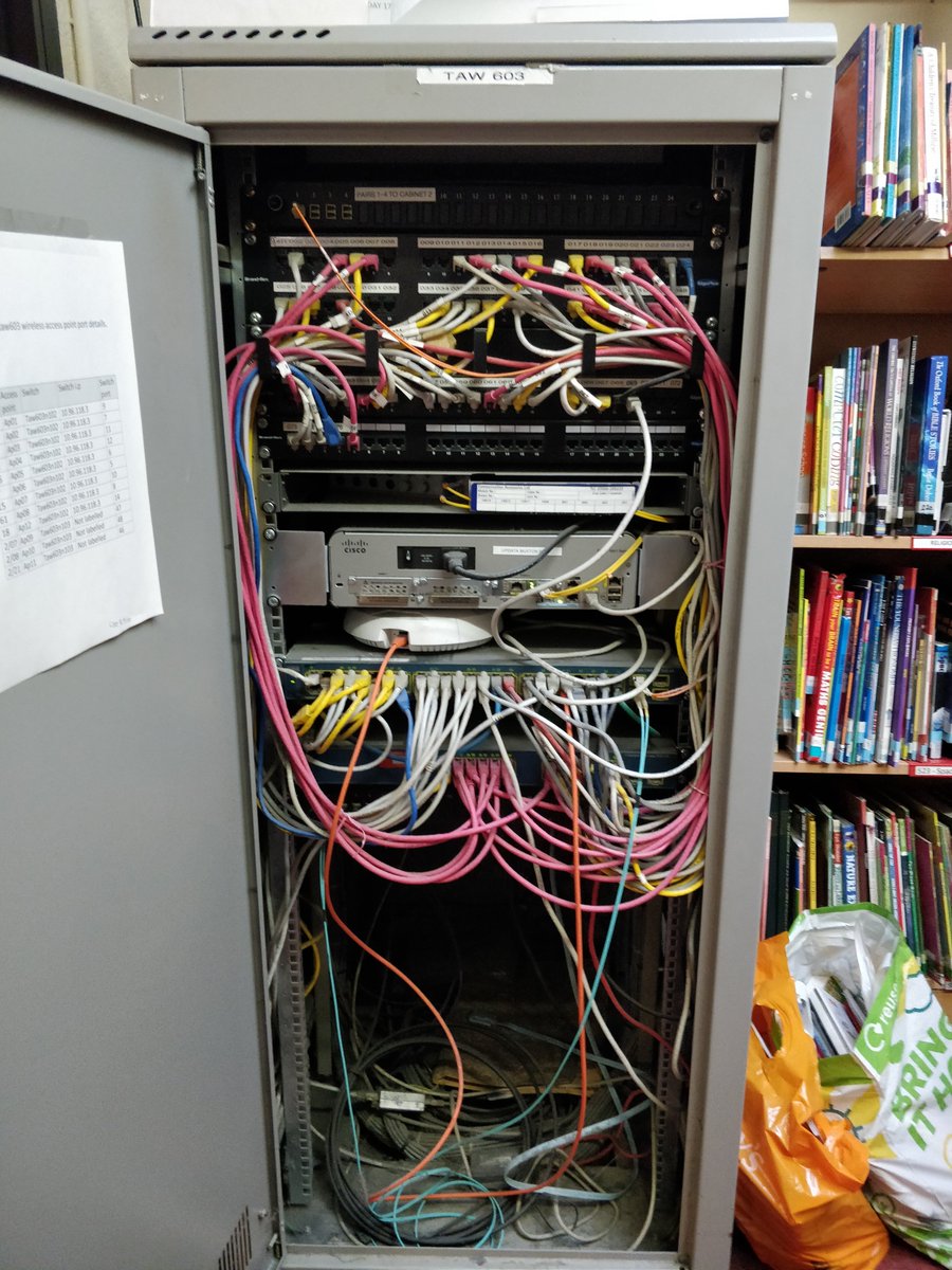 RoarTechLtd's tweet photo. Some before and afters. Decluttering and dusting to help keep kit cool and let it breath. Colour coding to help identify connections. Simplifying support and troubleshooting. All part of the onboarding service. #Roartech #SchoolsIT #Telford @MuxtonPrimary https://t.co/VupOGnoRiY
