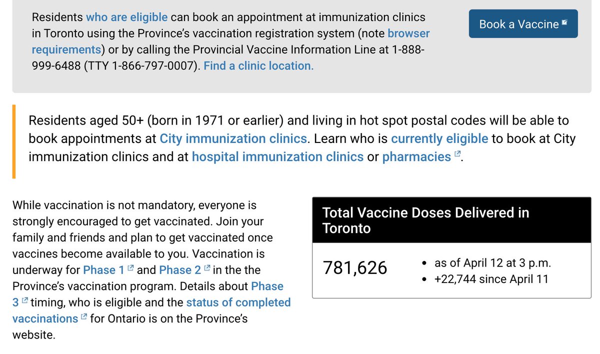 Clicking the "City Immunization Clinics" link only confirms that we are not able to book a vaccination if we're under the age of 50. 16/21