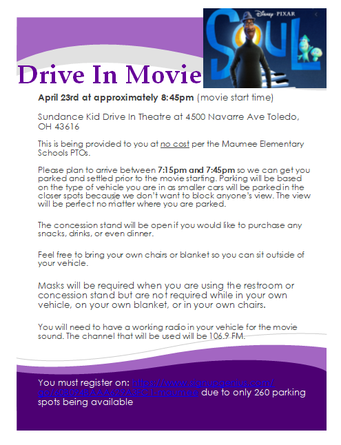 The Maumee Elementary Drive-in Movie is happening soon! Make sure to register your vehicle at: signupgenius.com/go/60b094baaa6… This is a free event.