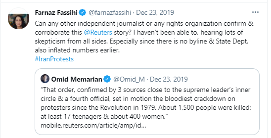 16/ So, when Reuters reports that 1500 were killed in the  #IranProtests in 2019, Fassihi demanded more proof. But when the IRI arrests a journalist, she just repeats the IRI's characterization of him. Funny how her journalistic skepticism is so selective. And how it cuts one way.