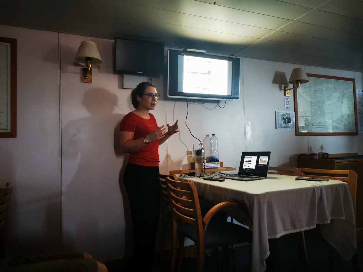 ImpactantG's tweet photo. Today on the Sarmiento the other #SAGA scientists learned about #Paladyn's projects through seminars from @nina_davtian on 'Dissolved Pyrogenic carbon in the water column' and @OriolTeruel on Dust: its interaction with climate and how it has changed over time.  @ICTA_UAB https://t.co/2qMc5tYVYz