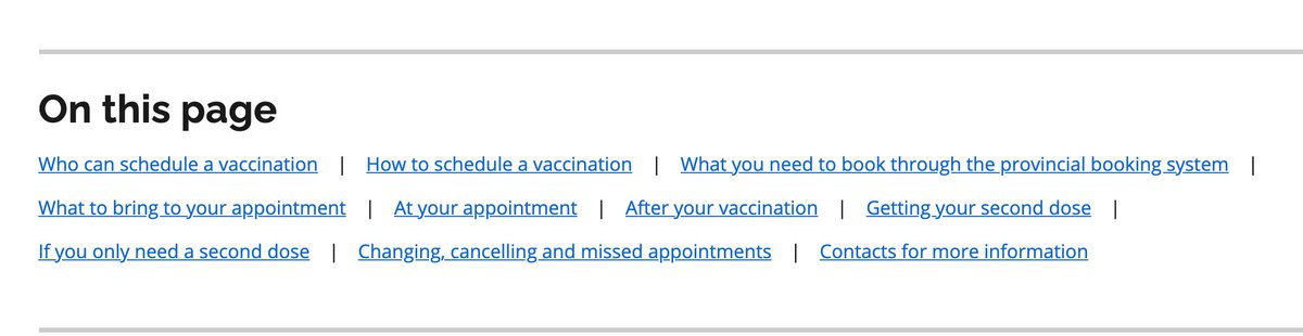 Okay, we scroll through the rest of this FAQ and don't see anything to indicate where we can book a vaccine. We either give up or if we're lucky, think, "Since this FAQ was trying to funnel us to that purple page a bunch, let's go there and see if we missed something." 8/21