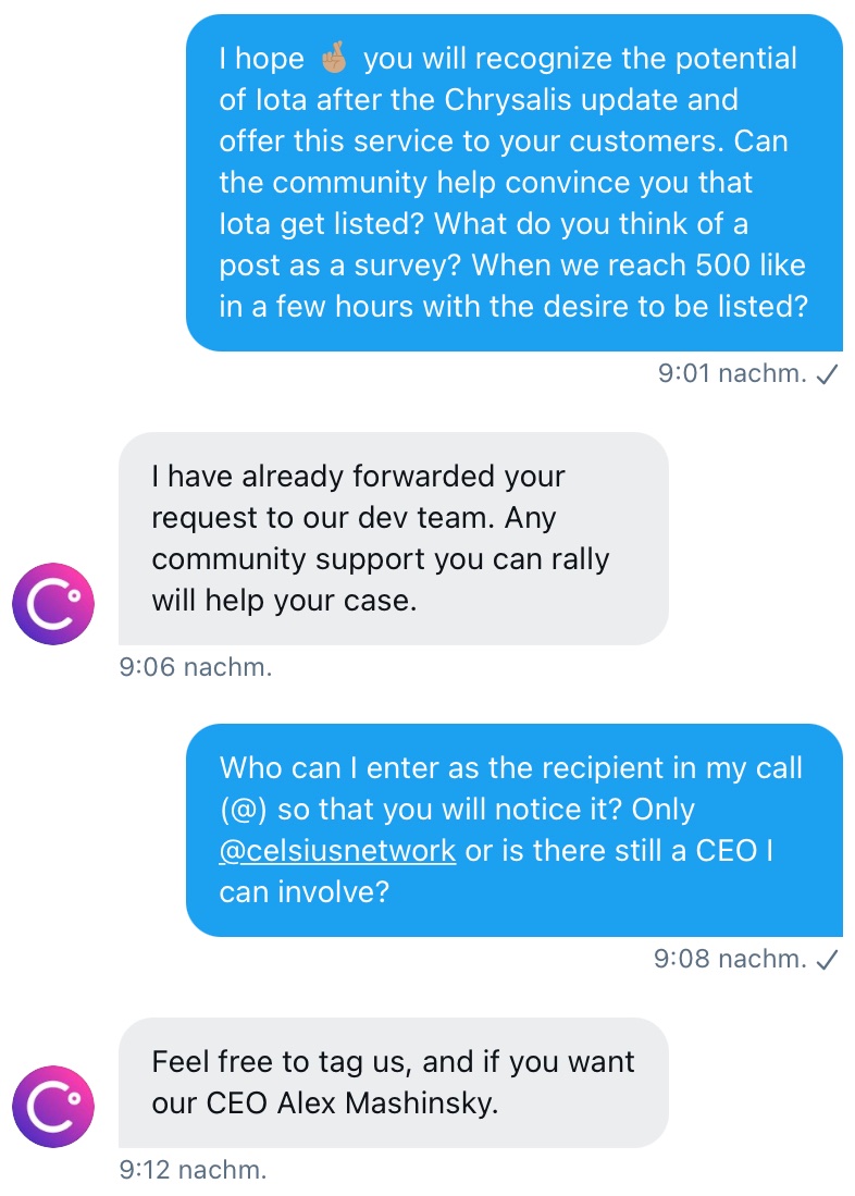 TheRoaringToady's tweet photo. It's in your hands, dear IOTA Community

Support this call to @CelsiusNetwork  @Mashinsky to promote the integration of $IOTA

Read the communication in the attached pictures &amp; let's generate 500 likes in a few hours!

Retweet, like &amp; tag this post with: 

#IOTA &amp; #CelisusNetwork https://t.co/gshIRu2aMy