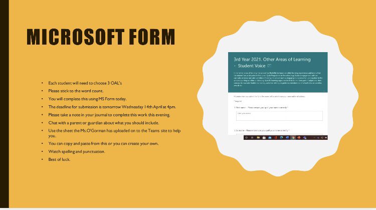 LronanLouise's tweet image. 3rd Years - prioritise completing #microsoftform to input your Other Areas of Learning for your #juniorcycle School Report @Colaistebride.3 things you’re most proud of achieving in your JC years. Chat with a parent or guardian to decide what you’d like to feature #studentvoice