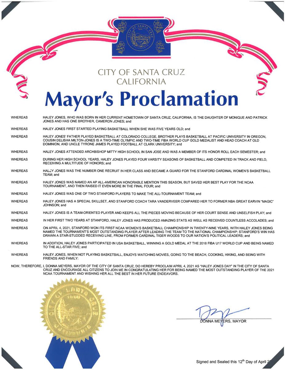 𝒪𝒻𝒻𝒾𝒸𝒾𝒶𝓁 ✍️

April 4, 2021 in the <a href="/CityofSantaCruz/">City of Santa Cruz</a> will forever be known as 'Haley Jones Day'!

#GoStanford