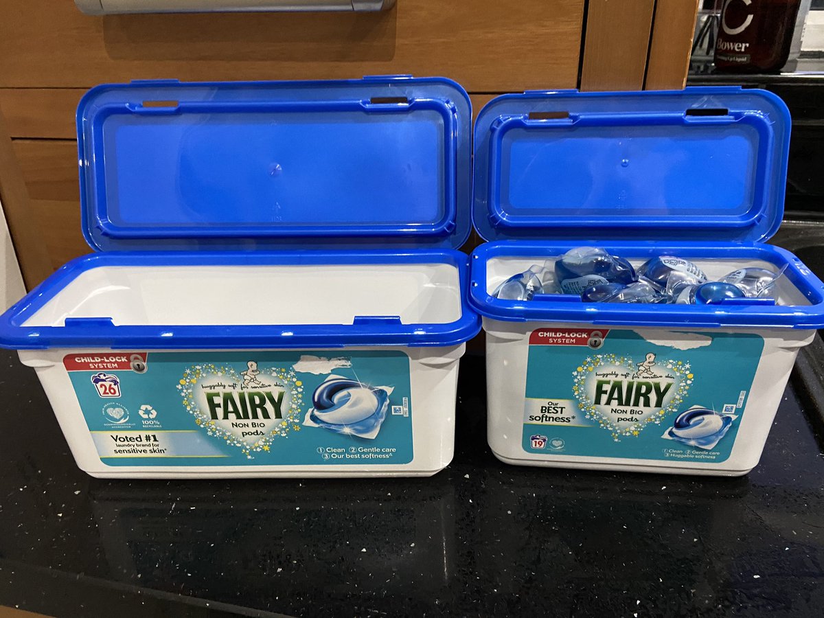 simm_tracy's tweet photo. @ProcterGamble disappointed to find that the 26 pods fit in my box that usually holds 19. What a waste of plastic even if it is ‘widely recyclable’, space could be saved in packaging and transport. https://t.co/uVKpgYvxi5