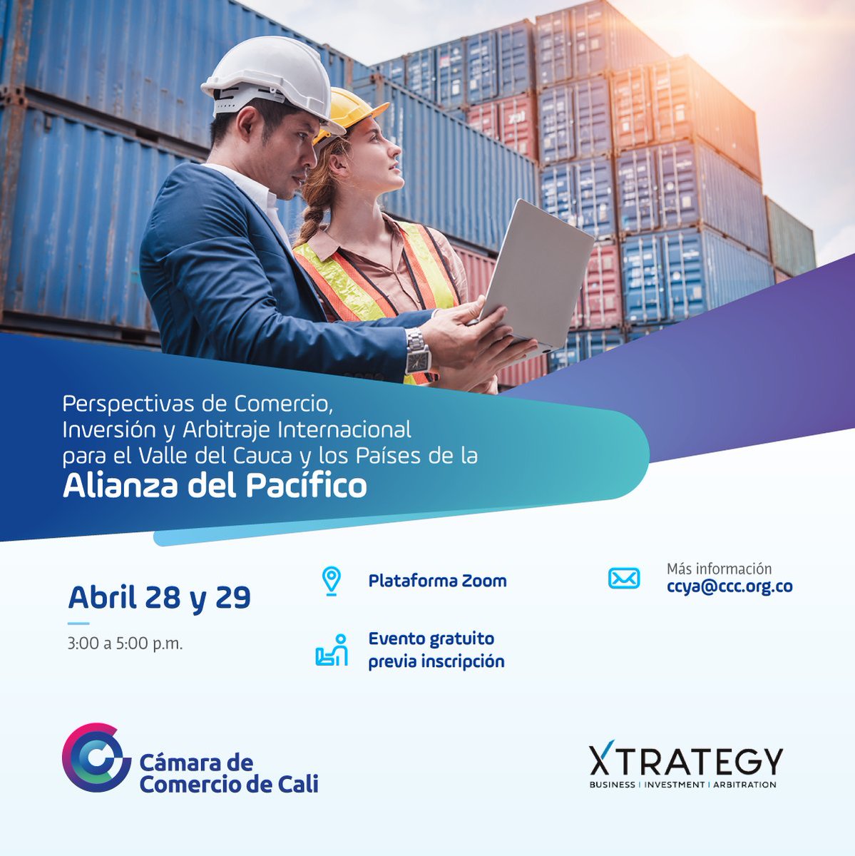 XtrategyCenter's tweet photo. Los invitamos a participar en el evento "Perspectivas de Comercio, Inversión y Arbitraje Internacional para el Valle del Cauca y los países de la Alianza del Pacífico", el cuál organizamos desde Xtrategy junto con nuestros aliados de @camaracali https://t.co/yhzNqMOtkD