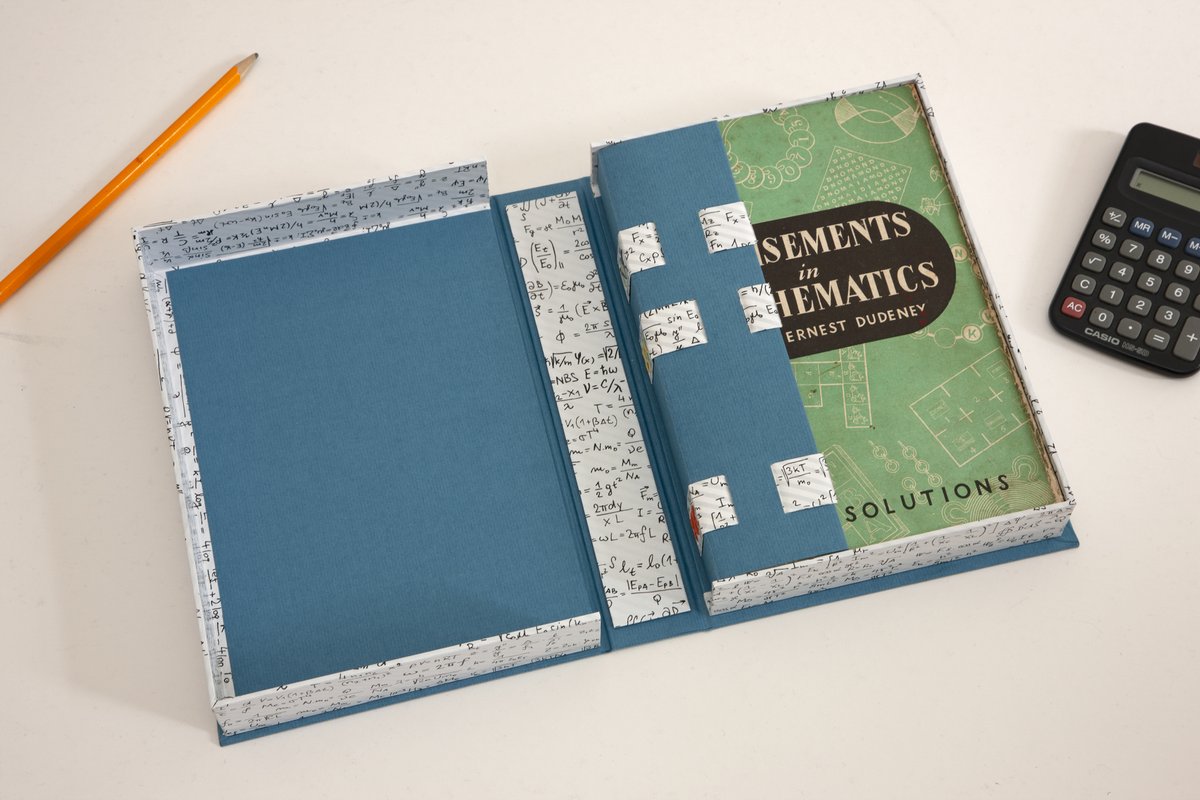 bailemorbooks's tweet image. Aaaaaaages ago I re-bound this volumes of Amusements in Mathematics and slightly fewer ages ago I made a clamshell box for it... but I don’t think I ever shared it here!  Rather fond of it. #bookbinding #contemporarybookbinding #clamshellbox #bookcrafts #archivalenclosures