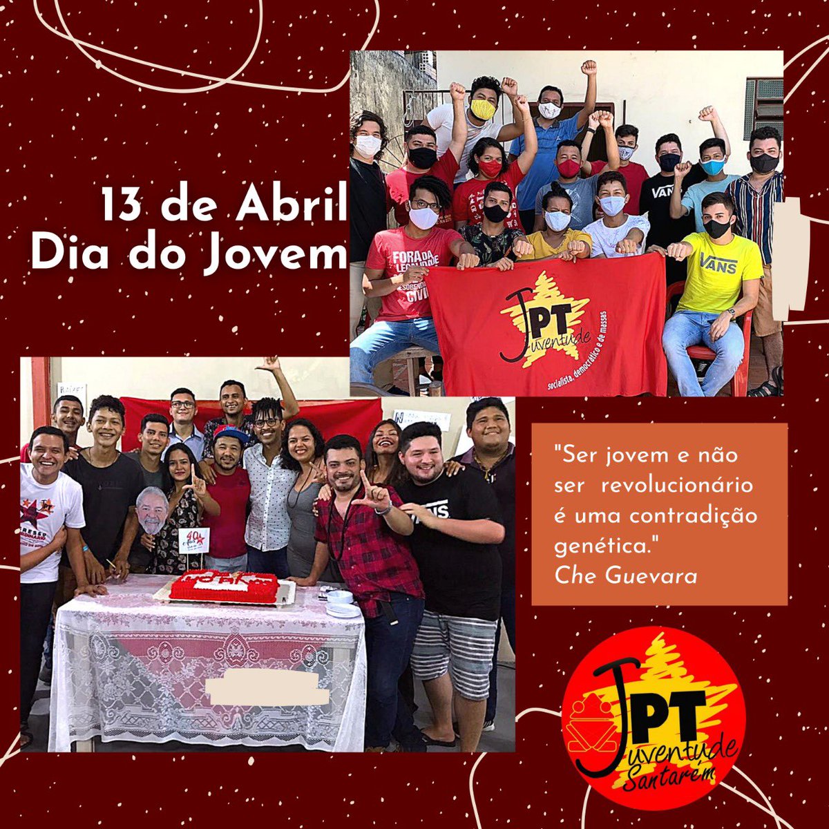PtSantarem's tweet photo. No dia 13 de Abril é  comemorado o dia do Jovem. E nada mais significativo que neste dia 13 nós também comemorarmos  à juventude petista, jovens sempre aguerridos e comprometidos com um Brasil melhor. Viva a juventude revolucionária e de Massas.

Maraya Machado - Sec da JPT https://t.co/mJDMNcBLm6