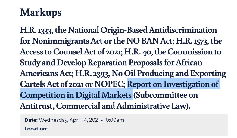 2. Tomorrow is when we get to see who is serious. There will be a symbolic vote on the most important work on big tech that has happened in our political system, a vote on whether the Judiciary Committee will adopt its investigative report on big tech.  https://judiciary.house.gov/calendar/eventsingle.aspx?EventID=4500