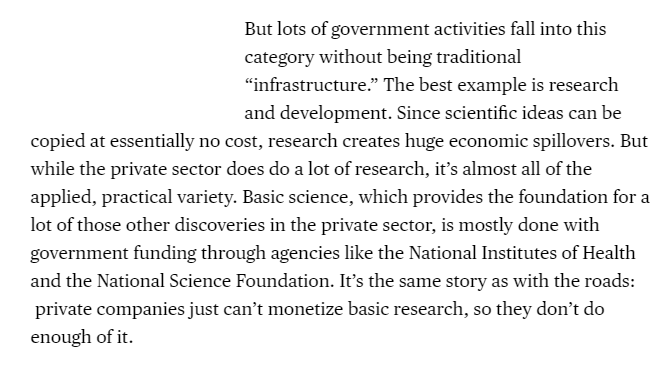 4/But this same rationale applies to tons of stuff! Take research, for example. The positive externality from research is even stronger than the one from roads!