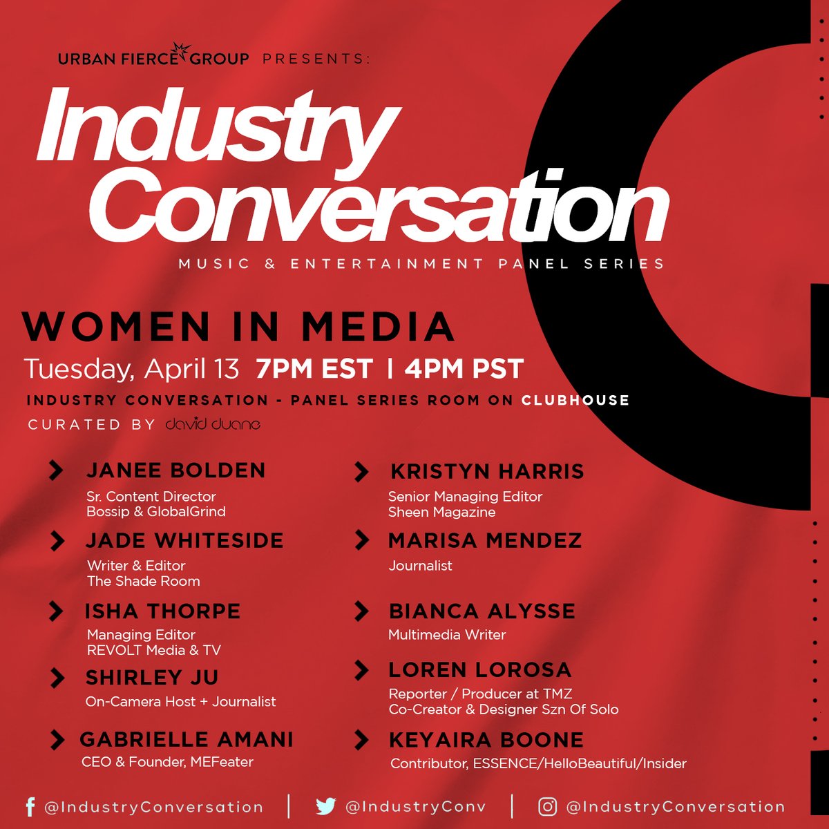 IndustryConvo's tweet photo. TONIGHT • Tuesday, April 13th at 7pm EST / 4pm PST • @IndustryConvo - Women In Media w/ @JaneeTMB @Jade_Ashley94 @IshaThorpe @shirju @GabrielleAmani @KristynH22 @MarisaMendez @B_Alysse @LorenLorosa &amp; @pennedbykeyaira hosted by @DDuaneOfficial! https://t.co/A7sbDP5z9X https://t.co/DyHhbXHqSK
