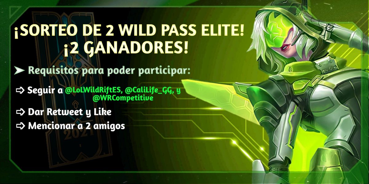 ¡SORTEO DE 2 WILD PASS ELITE!
💸 (1 Wild Pass Élite = 10$) 💸

¡Colaboración con @CaliLife_GG! 

• Seguir a <a href="/LoLWildRiftES/">LoL Wild Rift Comunidad</a>, @CaliLife_GG, y <a href="/WRCompetitive/">Elon Musk</a>
• Dar Retweet 🔃 y Like ❤️
• Mencionar a 2 amigos

Finaliza el 20/04, el premio se entregará vía PayPal.

#WildRift