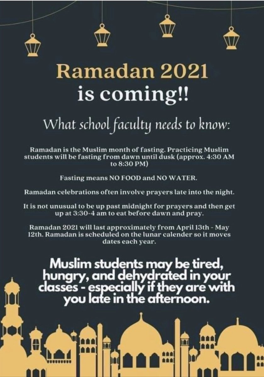 Ramadan is a time of spiritual reflection, self-improvement, and devotion and is observed by Muslims worldwide. Our Muslim brothers fast, no food, no water, from predawn to sunset. Sending love and solidarity their way! Also,here’s tips faculty can use to support Muslim students