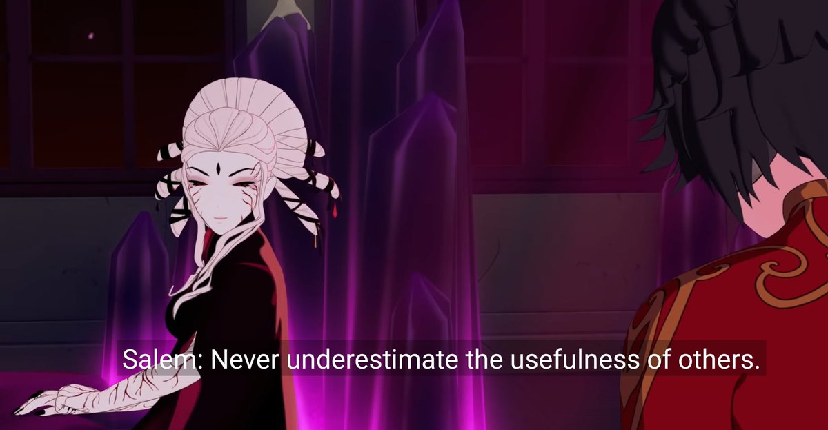 Underdog3000's tweet photo. V5 is when they first swapped her calculating mindset for one of brute force, and it's amazing how her conversation with Salem is the complete opposite of the one she had with Mercury in V3. Cinder knew that it wasn't all about force, and she knew the usefulness of others. https://t.co/pf8d9QjxeI