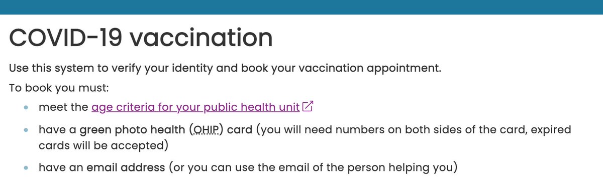 I don't get why people in Ontario aged 18-49 find it confusing to book their vaccine appt. Just go to  http://covid19.ontariohealth.ca . Then, you may think clicking "age criteria for your Public Health Unit" would show you age criteria for your Public Health Unit, but you'd be wrong. 1/21