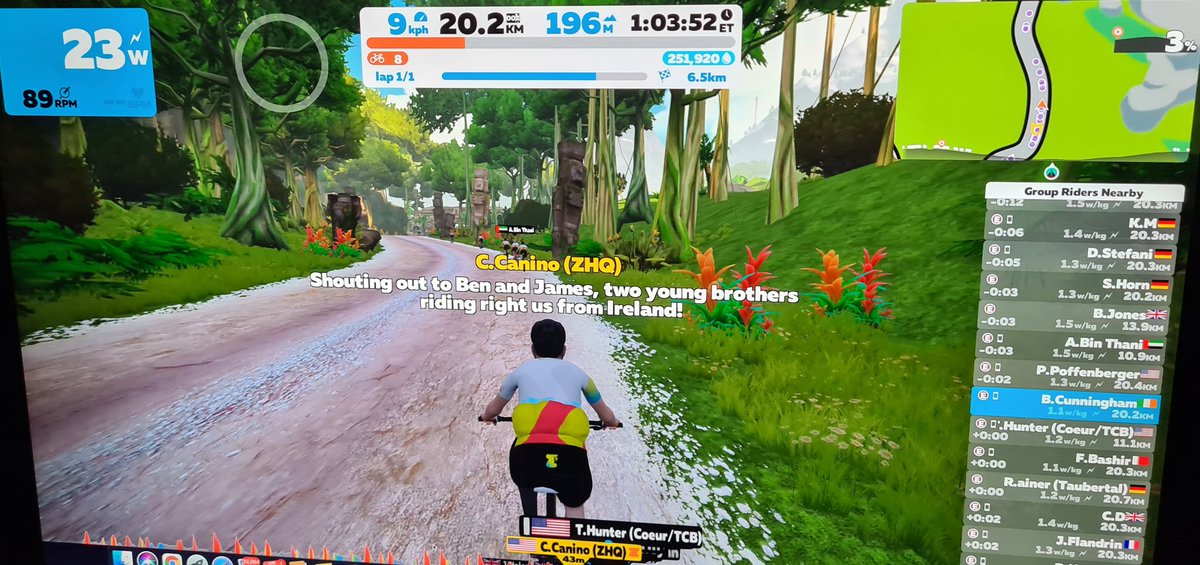 JamesCun2000's tweet photo. Such a fun evening riding @GoZwift tonight, even got a shout out from #zwift HQ. 😁👍🚴‍♂️

#watopia @zwiftinsider @ZwiftChat
@ZCommunityLive 
Thanks guys https://t.co/gIoZF81lEm
