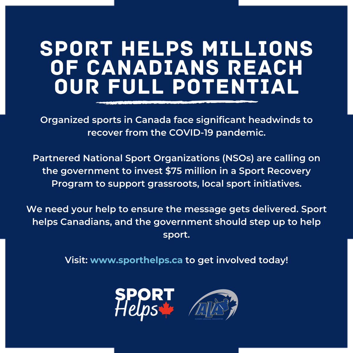 Organized sports in Canada face significant headwinds to recover from the COVID-19 pandemic. Partnered NSOs are calling on the government to invest in a Sport Recovery Program. We need your help to ensure the message gets delivered. Visit: sporthelps.ca to get involved!