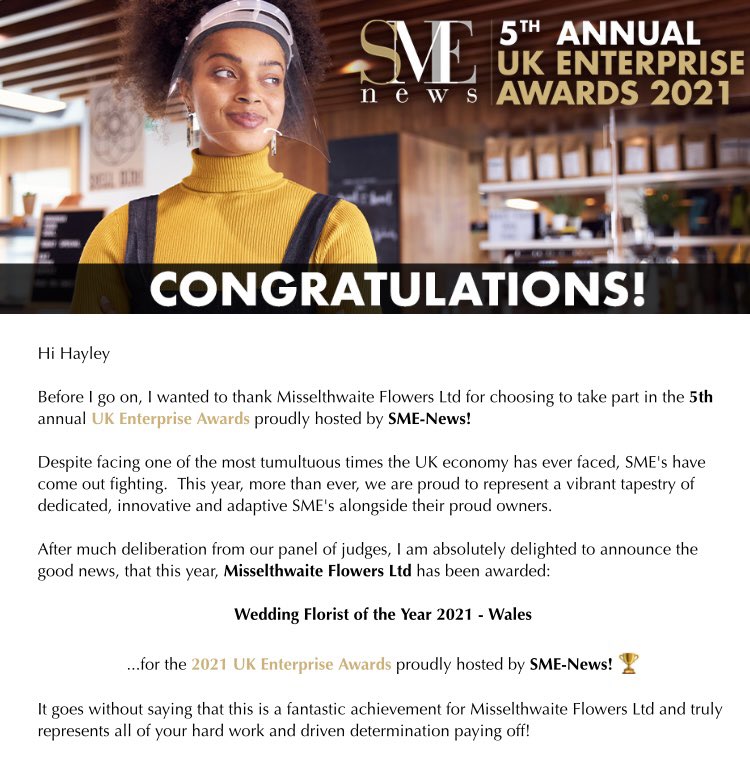 Thank you <a href="/SME__News/">SME News</a> for this fantastic award! We are SO proud of our brand and Hayley’s determination and dedication to providing amazing #weddingflowers #flowers #florist #weddingplanning