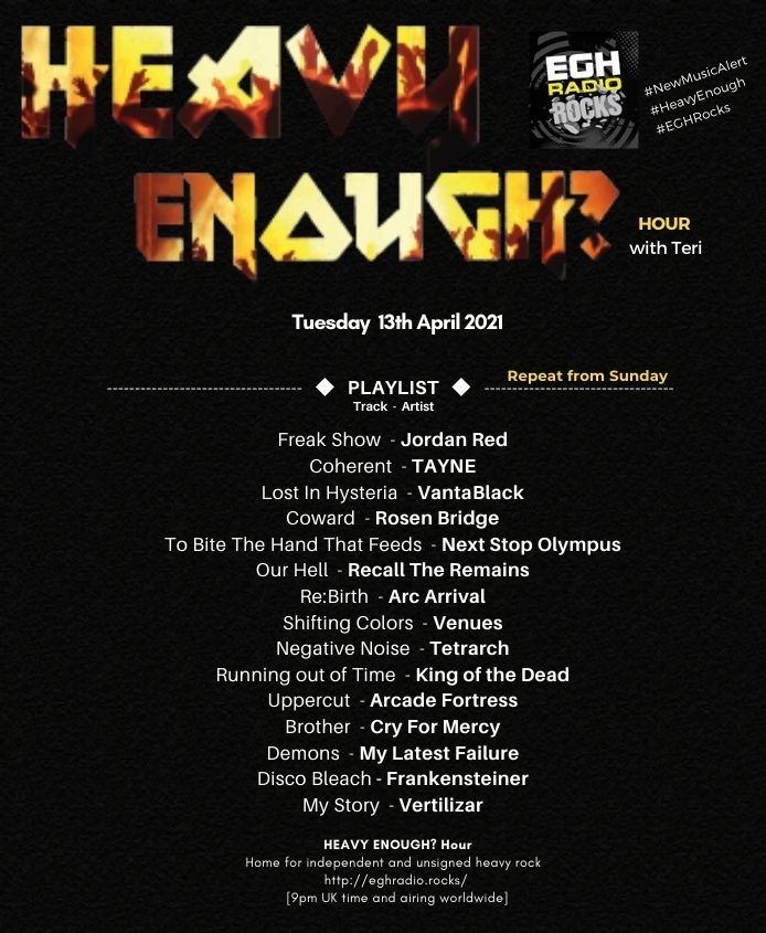 HeavyEnough Hour with Teri (@musicmatterstee) on Twitter photo #TuneIn to #HeavyEnough?Hour <a href="/EGHRocks/">EGH Radio Rocks</a> #radio now! #ListenHere
⇒eghradio.rocks/player_stream/
#NowPlaying awesome new music from-
<a href="/JordanRedBand/">Jordan Red</a>
<a href="/TayneBand/">TAYNE</a>
#VantaBlack
<a href="/RosenBridgeUK/">Rosen Bridge. ⬢</a>
<a href="/WeAreNSO/">Next Stop Olympus</a>
<a href="/RTRemains/">Recall The Remains</a>
<a href="/ArcArrival/">Arc Arrival</a>
<a href="/VENUESofficial/">VENUES</a>
#NewMusicAlert #TuneIn to #HeavyEnough?Hour <a href="/EGHRocks/">EGH Radio Rocks</a> #radio now! #ListenHere
⇒eghradio.rocks/player_stream/
#NowPlaying awesome new music from-
<a href="/JordanRedBand/">Jordan Red</a>
<a href="/TayneBand/">TAYNE</a>
#VantaBlack
<a href="/RosenBridgeUK/">Rosen Bridge. ⬢</a>
<a href="/WeAreNSO/">Next Stop Olympus</a>
<a href="/RTRemains/">Recall The Remains</a>
<a href="/ArcArrival/">Arc Arrival</a>
<a href="/VENUESofficial/">VENUES</a>
#NewMusicAlert