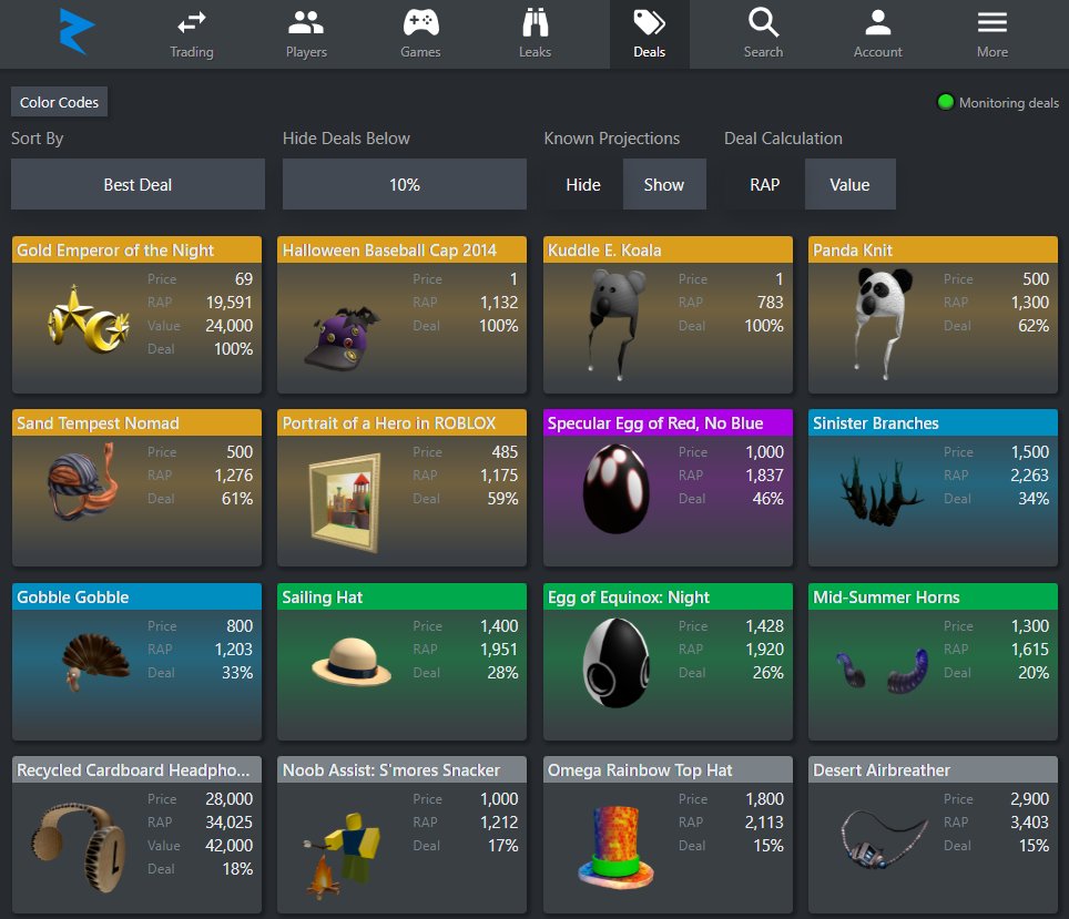 Roblox Trading News  Rolimon's on X: Deals feature is now live! Items  listed at low prices will show up on the deals page within seconds. The  page also warns you about