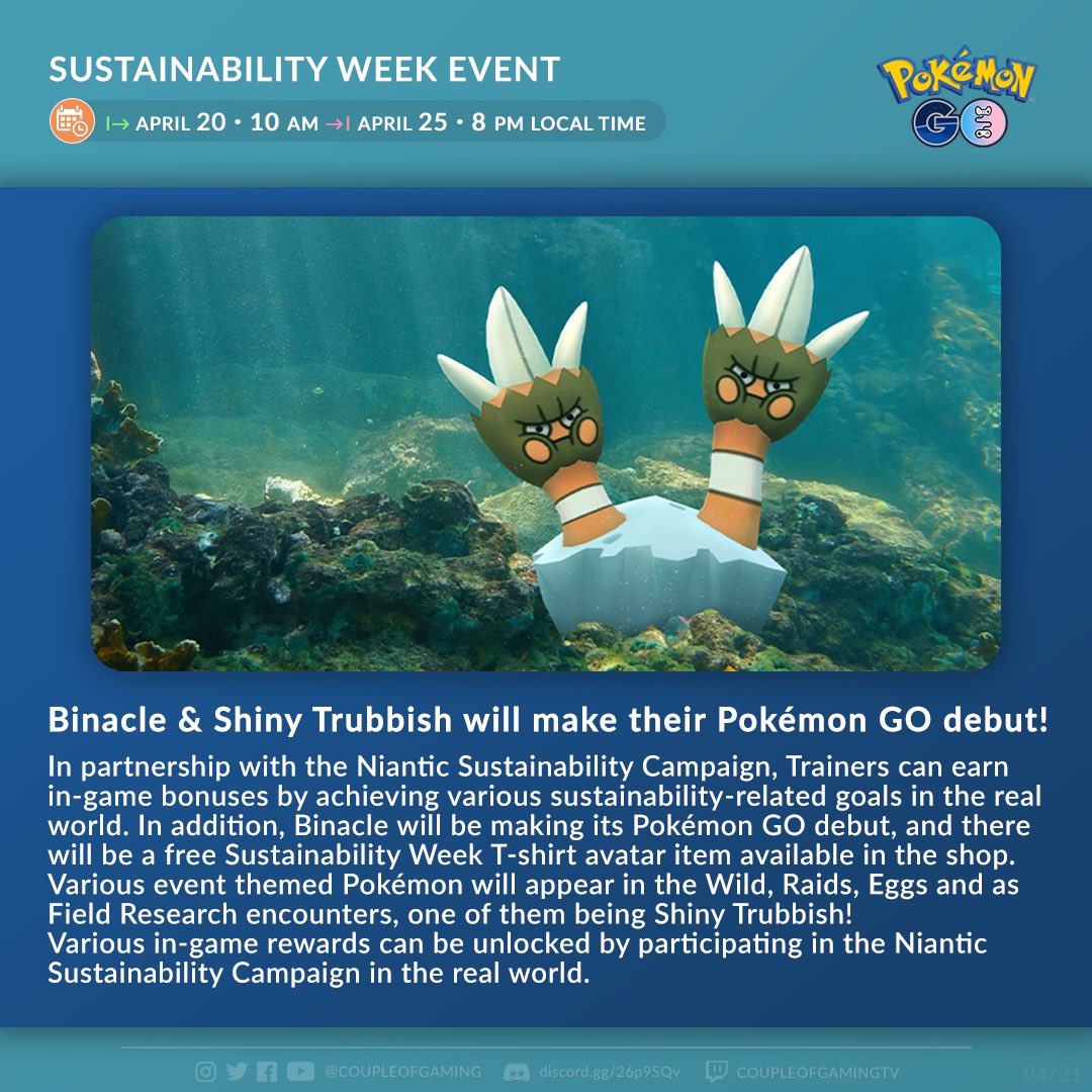 coupleofgaming's tweet image. #Binacle and #ShinyTrubbish will make their debut in the Sustainability Week event! 

Full blogpost here:
pokemongolive.com/post/sustainab…

#PokemonGO #SustainableWithNiantic