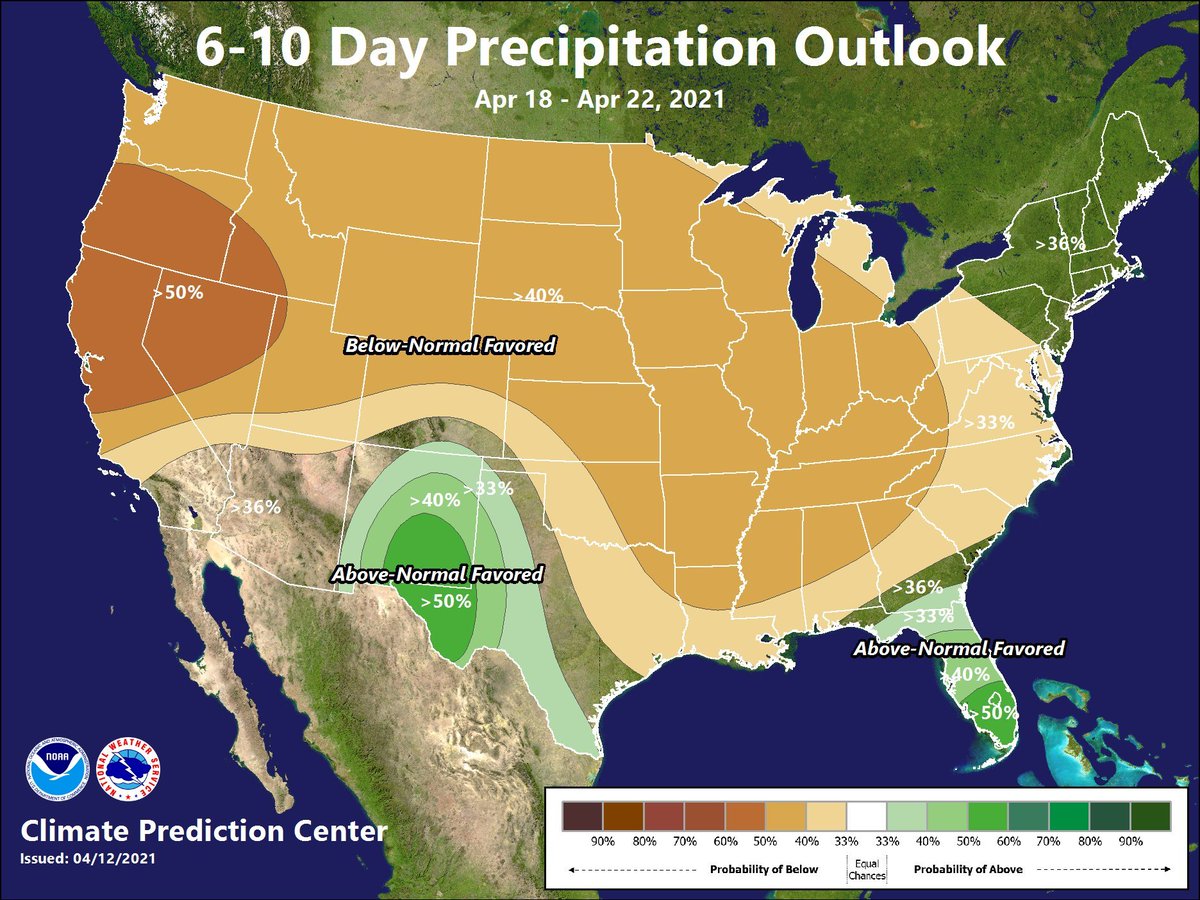 NWSMemphis's tweet photo. 😎Here's a look at the extended forecast. Cooler than normal temps and below normal precipitation expected for the eastern 2/3rds of the U.S.
For the Mid-South, this largely translates to:
Hi's 60s
Low's: 40s
~5-7 degrees below average for this TOY. #SpringTemperatures https://t.co/7x0h7EYWXN